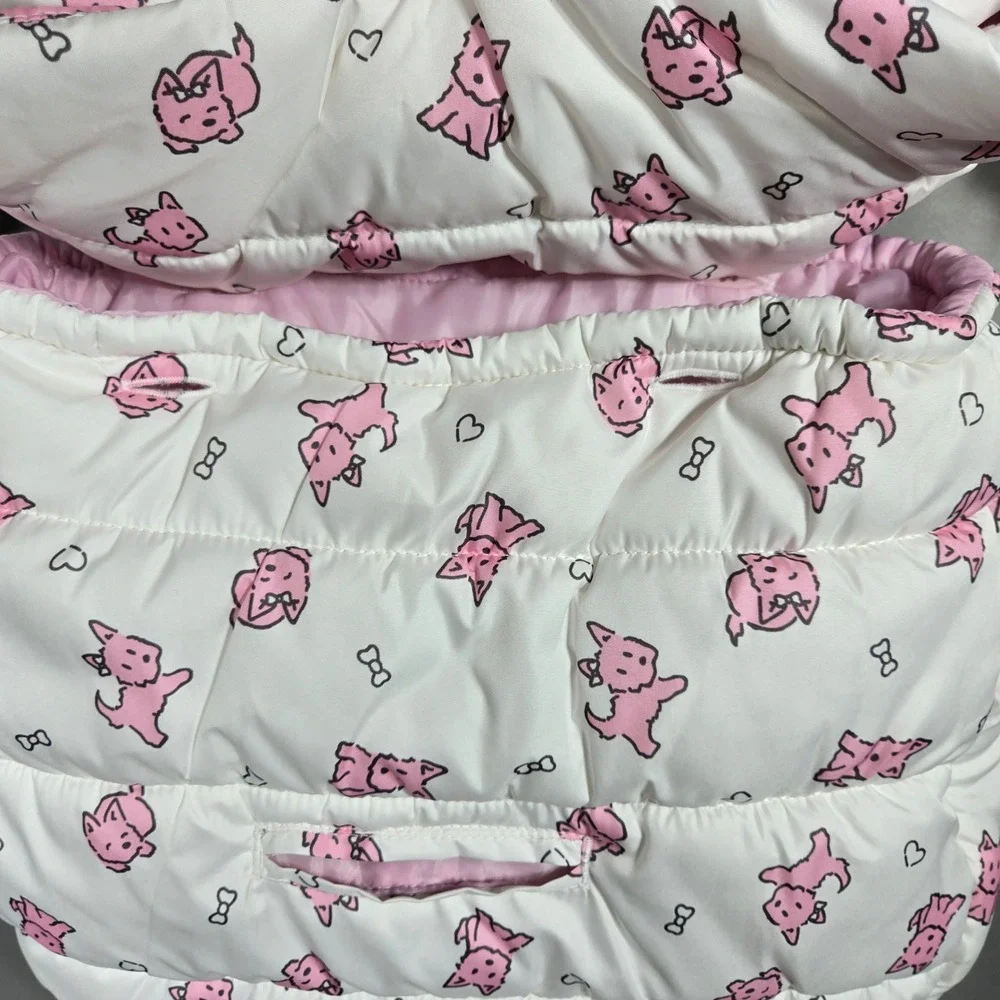 London Fog Puffer Bunting Bag Baby Girls 0-6M White Pink Dog Print Fleece Pram